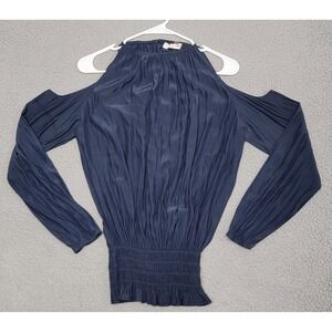Ramy Brook Blouse Womens XS Navy Blue Cold Shoulder Long Sleeve Ruched Top Chic‎